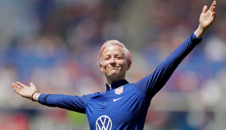 Megan Rapinoe, a forward for the United States women's national team, following an international friendly soccer match against Mexico, Sunday, May 26, 2019, in Harrison, N.J. 