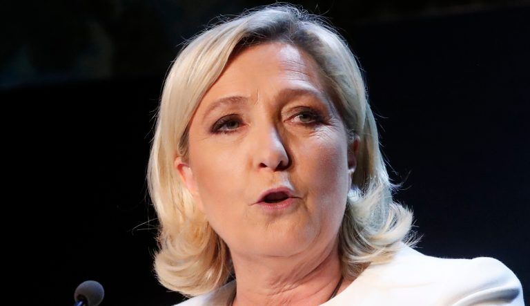 Far-right National Party leader Marine le Pen delivers a speech at the campaign headquarters, Sunday, May 26, 2019 in Paris. 
