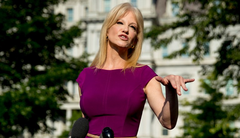 Counselor to the President Kellyanne Conway speaks to reporters.