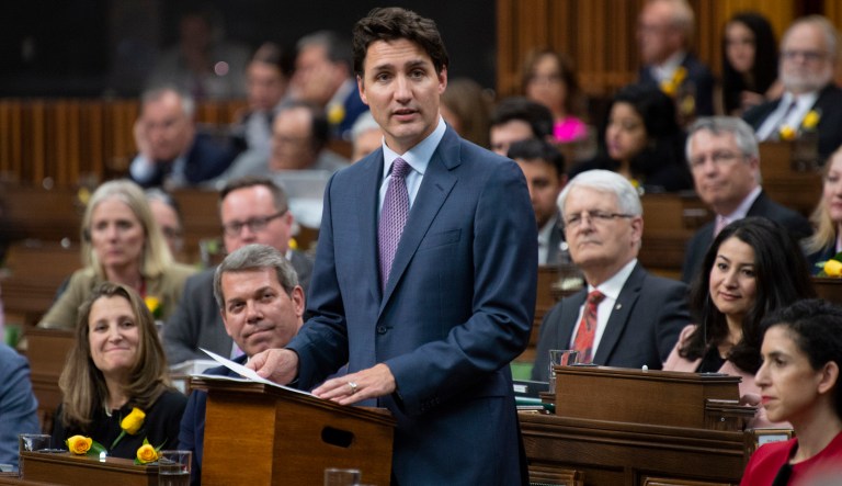Canadian Prime Minister Justin Trudeau speaks about the USMCA trade agreement in the House of Commons in Ottawa, Ontario, Wednesday, May 29, 2019.
