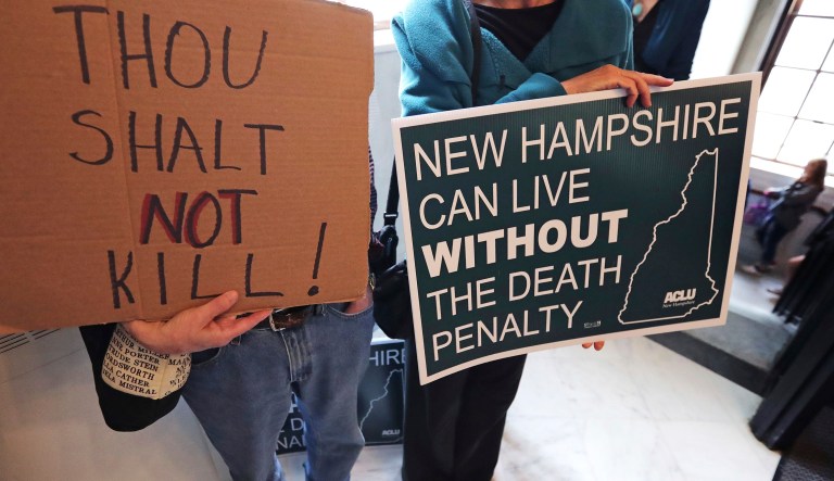 Protestors gather outside the Senate Chamber prior to a vote on the death penalty at the State House in Concord, N.H., Thursday, May 30, 2019. New Hampshire, which hasn't executed anyone in 80 years and has only one inmate on death row, on Thursday became the latest state to abolish the death penalty when the state Senate voted to override the governor's veto.
