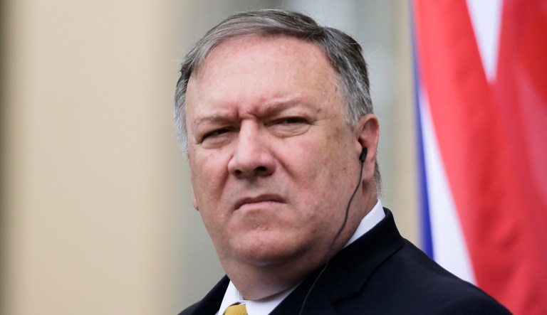Secretary of State Mike Pompeo appears at a press conference.