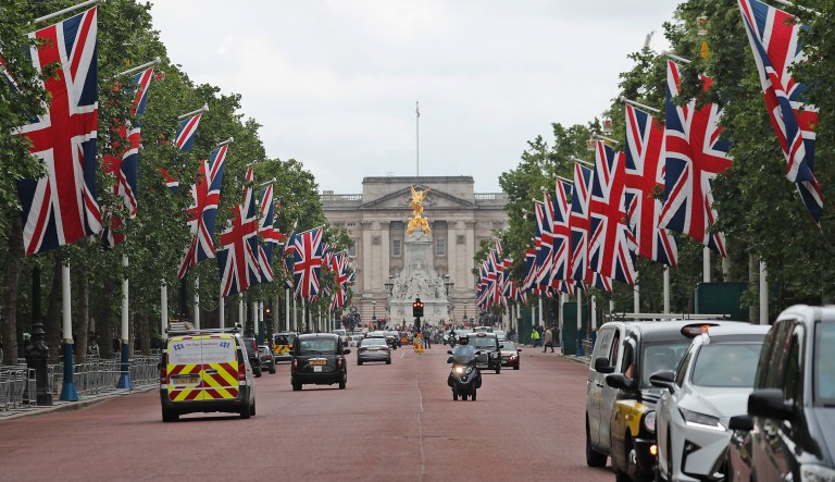 United Kingdom flags fly at Pall Mall on the way from Buckingham Palace in preparation for the State Visit of US President Donald Trump, in London, Friday, May 31, 2019.