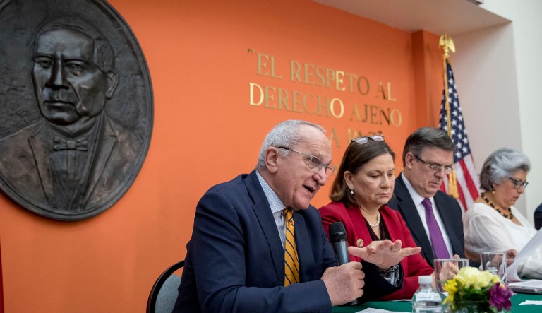 From left: Mexican Undersecretary to North America Jesus Seade Kuri, accompanied by Mexican Ambassador Martha Barcena Coqui, Mexican Foreign Affairs Secretary Marcelo Ebrard, and Mexican Economy Secretary Graciela Marquez Colin speak at a news conference at the Mexican Embassy in Washington as part of a Mexican delegation for talks following trade tariff threats from the Trump administration.