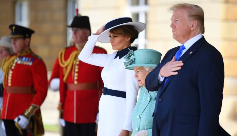 President Trump and first lady Melania Trump attend a welcome ceremony with Britain's Queen Elizabeth II in London.