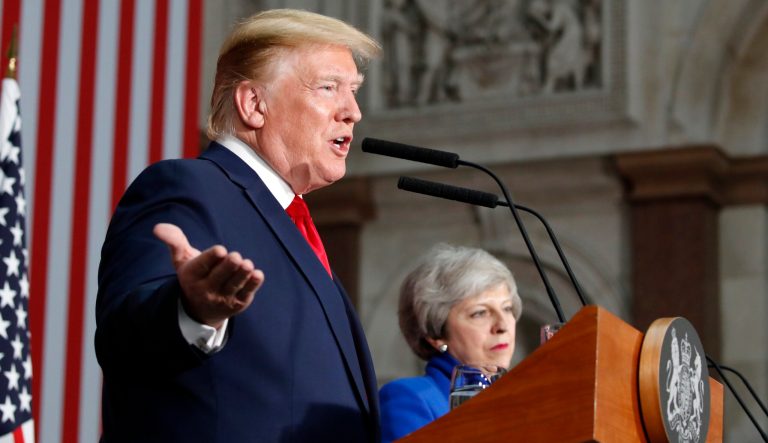 President Donald Trump speaks during a news conference with British Prime Minister Theresa May at the Foreign Office, Tuesday, June 4, 2019, in central London. 