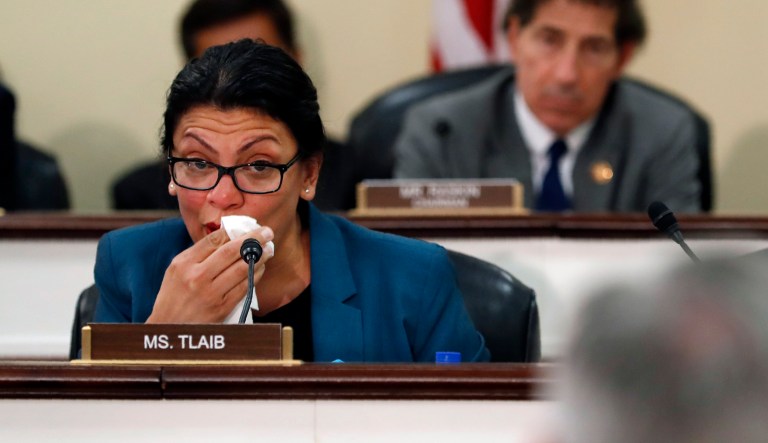 Rep. Rashida Tlaib, D-Mich., wipes away a tear during a hearing on Tuesday, June 4, 2019, on Capitol Hill in Washington.