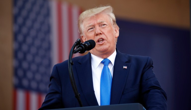 President Trump speaks during a ceremony to commemorate the 75th anniversary of D-Day at the Normandy American Cemetery, Thursday, June 6, 2019, in Colleville-sur-Mer, Normandy, France.