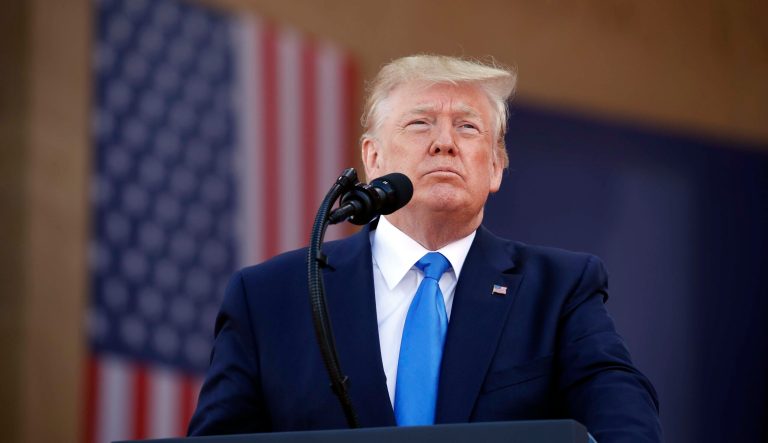President Donald Trump speaks during a ceremony to commemorate the 75th anniversary of D-Day at The Normandy American Cemetery, Thursday, June 6, 2019, in Colleville-sur-Mer, Normandy, France. 