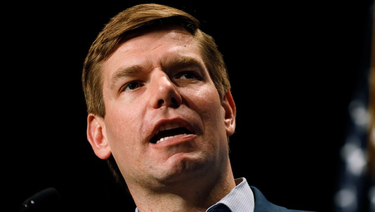 Democratic presidential candidate Eric Swalwell speaks during the Iowa Democratic Party's Hall of Fame Celebration.