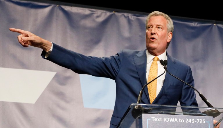 Democratic presidential candidate Bill de Blasio speaks during the Iowa Democratic Party's Hall of Fame Celebration in Cedar Rapids, Iowa. 