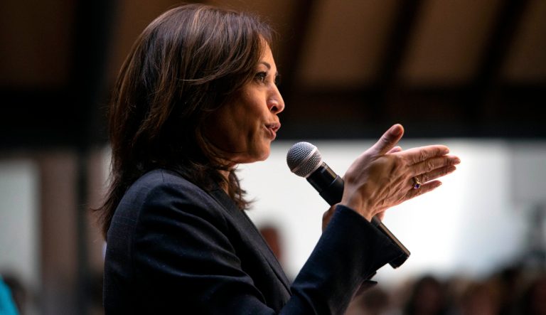 Presidential candidate U.S. Sen. Kamala Harris, D-Calif., speaks to supporters during a campaign stop at Convivium Urban Farmstead in Dubuque on Monday, June 10, 2019. 