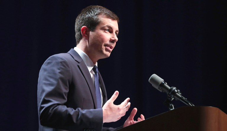 Democratic presidential candidate Mayor Pete Buttigieg delivers remarks.