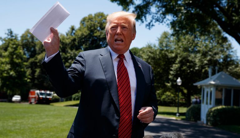 President Donald Trump speaks to reporters before departing for a trip to Iowa, on the South Lawn of White House, Tuesday, June 11, 2019, in Washington. 