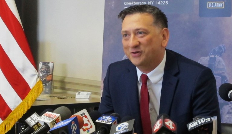 Staff Sgt. David Bellavia, of Lyndonville, New York, speaks at a news conference.