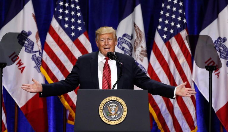 President Donald Trump speaks during the Republican Party of Iowa's America First Dinner, Tuesday, June 11, 2019, in West Des Moines, Iowa. 