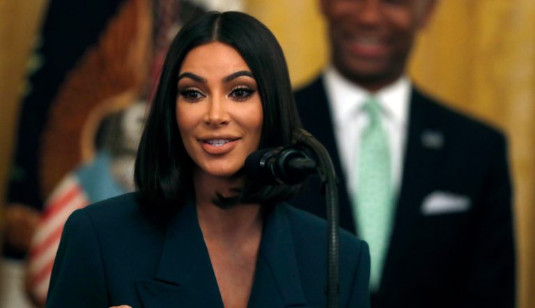 Kim Kardashian West speaks about second chance hiring in the East Room of the White House, Thursday June 13, 2019, in Washington. 