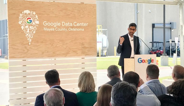 Google CEO Sundar Pichai announces a $600 million investment at Google's data center in Pryor, Okla., Thursday, June 13, 2019. 