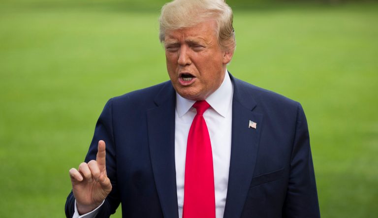 President Donald Trump speaks with the media before boarding Marine One on the South Lawn of the White House, Tuesday, June 18, 2019, in Washington.
