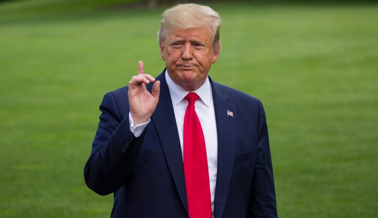 President Donald Trump speaks with the media before boarding Marine One on the South Lawn of the White House, Tuesday, June 18, 2019, in Washington. Trump is en route to Orlando, Fla., to announce his bid for re-election.