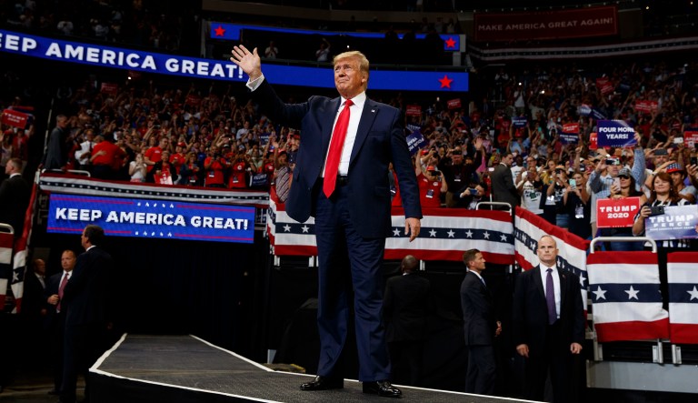 President Donald Trump arrives to speak at his re-election kickoff rally at the Amway Center, Tuesday, June 18, 2019, in Orlando, Fla.