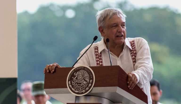 Mexican President Andres Manuel Lopez Obrador gives a speech.