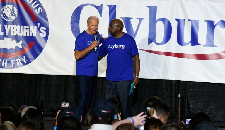Former Vice President Joe Biden, left, greets House Majority Whip Jim Clyburn at the "World Famous Fish Fry" on Friday, June 21, 2019, in Columbia, S.C.