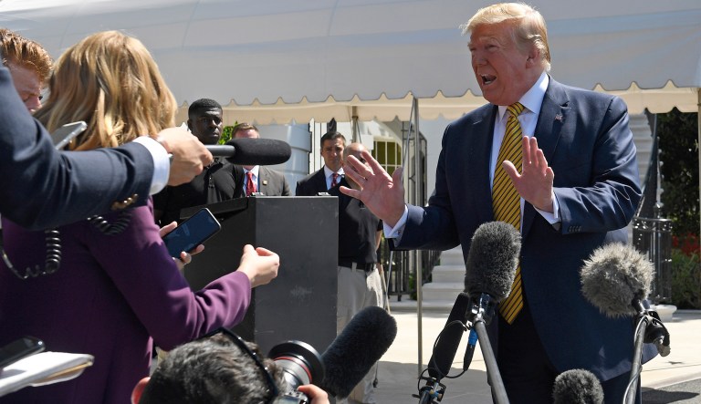 President Donald Trump speaks to reporters on the South Lawn of the White House in Washington, Saturday, June 22, 2019, before boarding Marine One for the trip to Camp David in Maryland.
