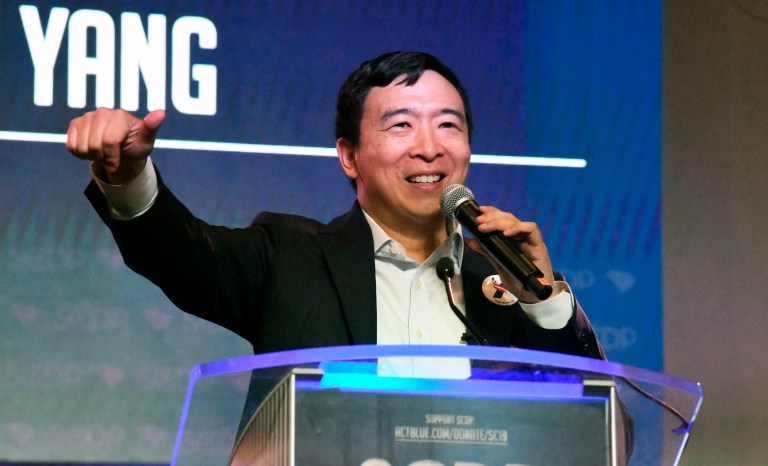 Businessman Andrew Yang addresses the South Carolina Democratic Party convention, Saturday, June 22, 2019 in Columbia, S.C.