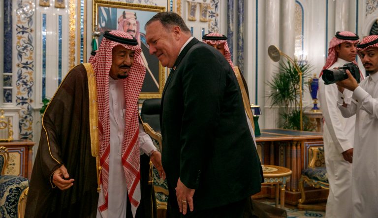Secretary of State Mike Pompeo leans in to greet Saudi Arabia's King Salman during their meeting at Al-Salam Palace in Jiddah, Saudi Arabia, Monday, June 24, 2019. 