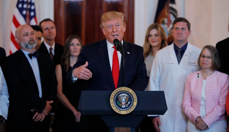 President Donald Trump speaks during a ceremony where he will sign an executive order that calls for upfront disclosure by hospitals of actual prices for common tests and procedures to keep costs down, at the White House in Washington, Monday, June 24, 2019. 