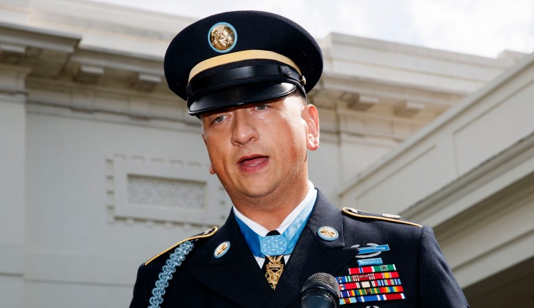 Medal of Honor recipient Army Staff Sgt. David Bellavia speaks to media outside the West Wing of the White House in Washington.