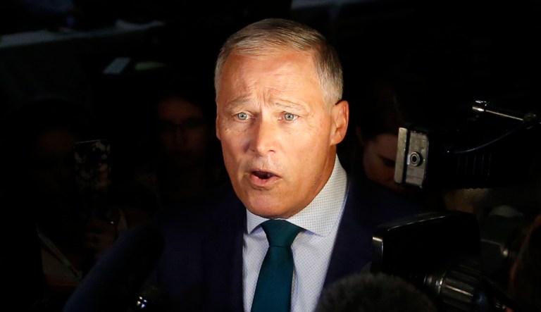 Democratic presidential candidate Washington Gov. Jay Inslee speaks to the media.