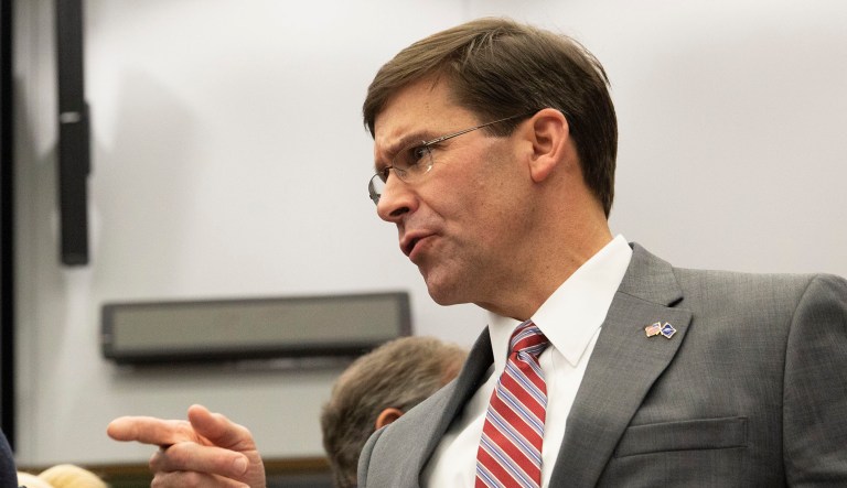 Mark Esper speaks at a gathering.