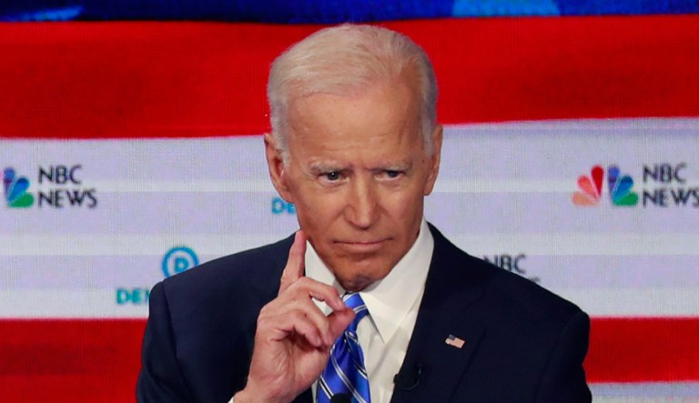 Former Vice President Joe Biden gestures during the Democratic primary debate hosted by NBC News at the Adrienne Arsht Center for the Performing Arts in Miami.