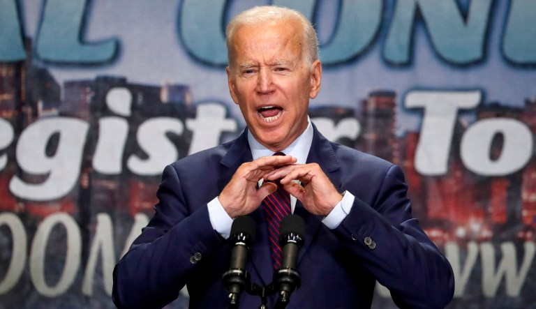 Democratic presidential candidate former Vice President Joe Biden addresses an event.