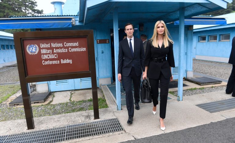White House Senior Advisors Ivanka Trump and Jared Kushner, walk in the border village of Panmunjom in the Demilitarized Zone, South Korea, Sunday, June 30, 2019. 