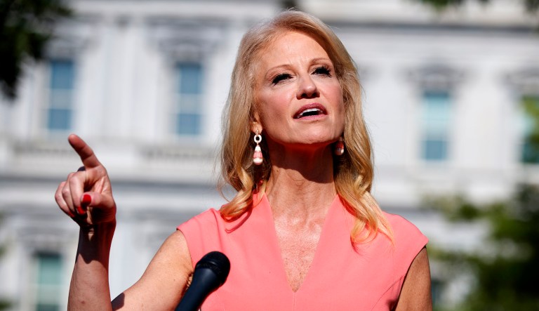 White House counselor Kellyanne Conway talks with reporters outside the White House in Washington.