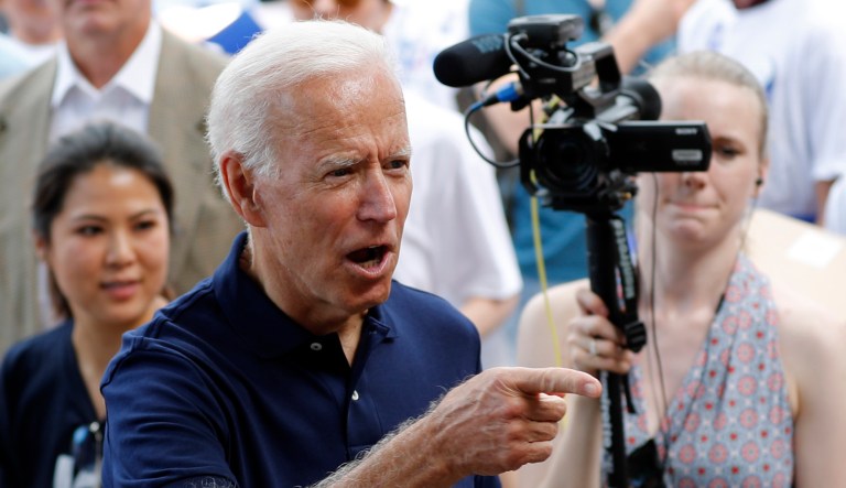 Former vice president and Democratic presidential candidate Joe Biden greets local residents in Independence, Iowa. 