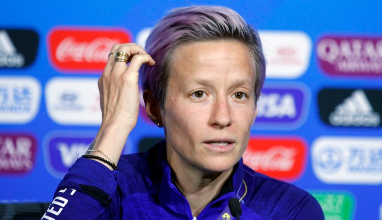 United States' Megan Rapinoe attends a press conference.