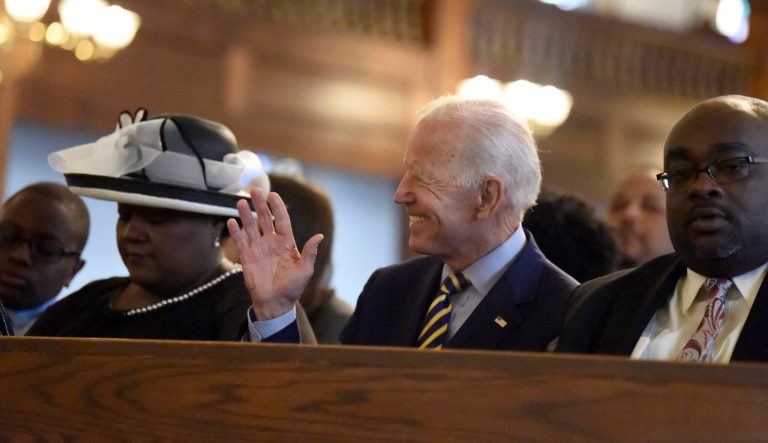 Former Vice President Joe Biden sits before services at Morris Brown AME Church on Sunday, July 7, 2019, in Charleston, S.C. 