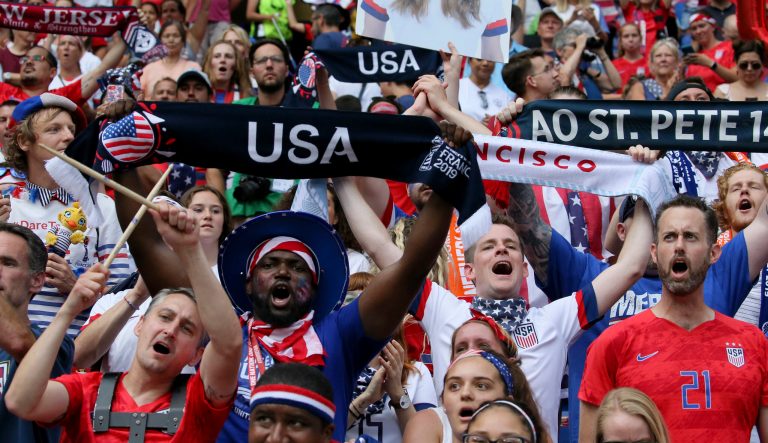 US supporters celebrate at the end of the Women's World Cup final soccer match between US and The Netherlands at the Stade de Lyon in Decines, outside Lyon, France, Sunday, July 7, 2019. US won 2:0. 