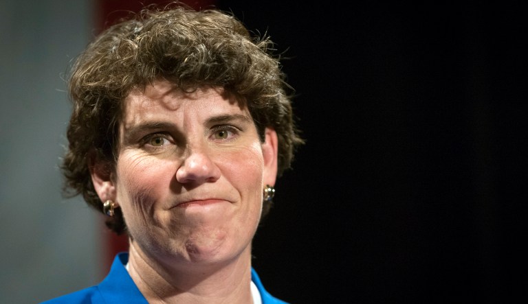 In this Nov. 6, 2018 photo, Amy McGrath speaks to supporters in Richmond, Ky. 