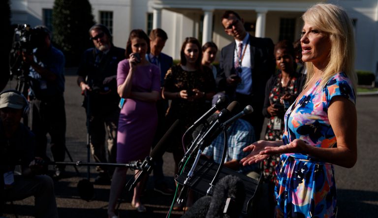 White House counselor Kellyanne Conway talks to reporters outside the White House, Tuesday, July 9, 2019, in Washington. 