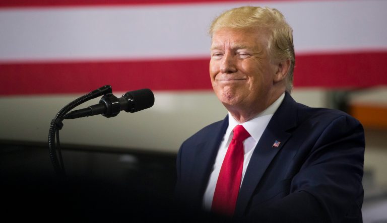 President Donald Trump pauses while speaking at Derco Aerospace Inc., a subsidiary of Lockheed Martin, Friday, July 12, 2019, in Milwaukee. 