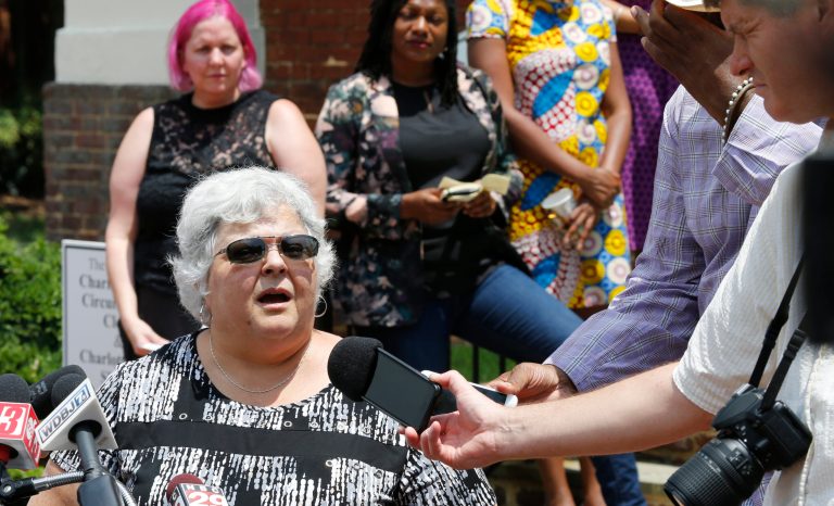 Susan Bro, mother of Heather Heyer, who was killed during the Unite the Right rally in 2017, speaks to reporters at General District Court in Charlottesville, Va., Monday, July 15, 2019. 