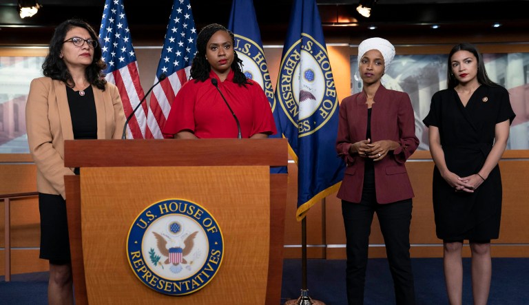 From left, Rep. Rashida Tlaib, D-Michigan, Rep. Ayanna Pressley, D-Massachusetts, Rep. Ilhan Omar, D-Minnesota, and Rep. Alexandria Ocasio-Cortez, D-New York, respond to remarks by President Trump.