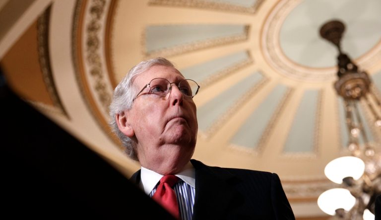 Senate Majority Leader Mitch McConnell of Ky., pauses while speaking to the media after a weekly policy luncheon, Tuesday, July 16, 2019, in Washington.
