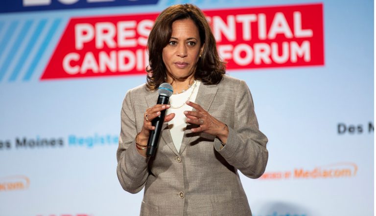 U.S. Sen. Kamala Harris, D-Calif., speaks at the AARP Presidential Forum at the Waterfront Convention Center in Bettendorf, Iowa on Tuesday, July 16, 2019.  