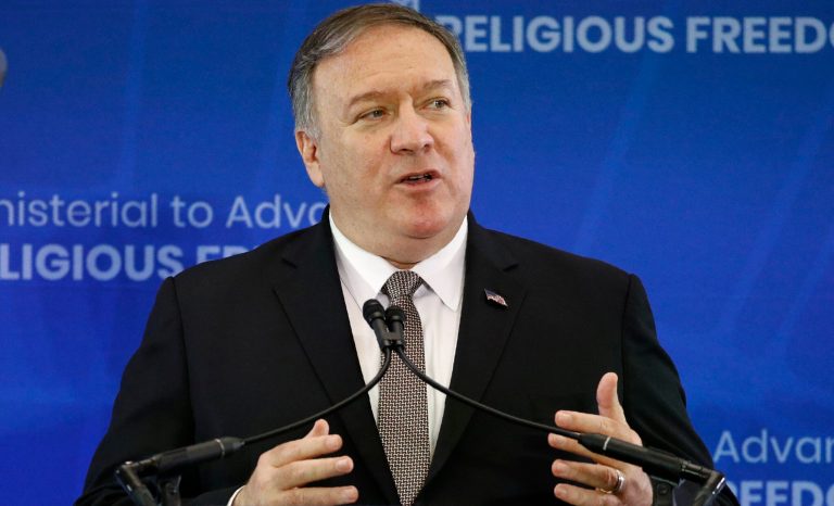 Secretary of State Mike Pompeo speaks at the Ministerial to Advance Religious Freedom, Thursday, July 18, 2019, at the U.S. State Department in Washington. 